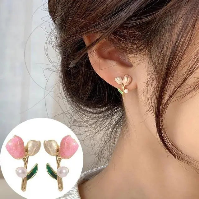Kiss Jewelry Cute Sweet Flower Round Shape Pearl Rhinestone Stud Earrings for Women Tulip Floral Korean Fashion Earring Gift Lootquake LLC