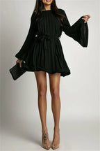 2025 Elegant Pleated Mini Dress - Flared Sleeve Lace-Up Summer Dress | Femstylo