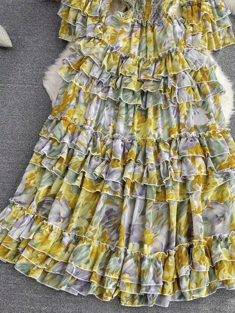 Summer New Off Shoulder  Wrap Waist to Show Thin A-line Fragmented Cake Dress Women's Beach Vacation Chiffon Long Dress GD820