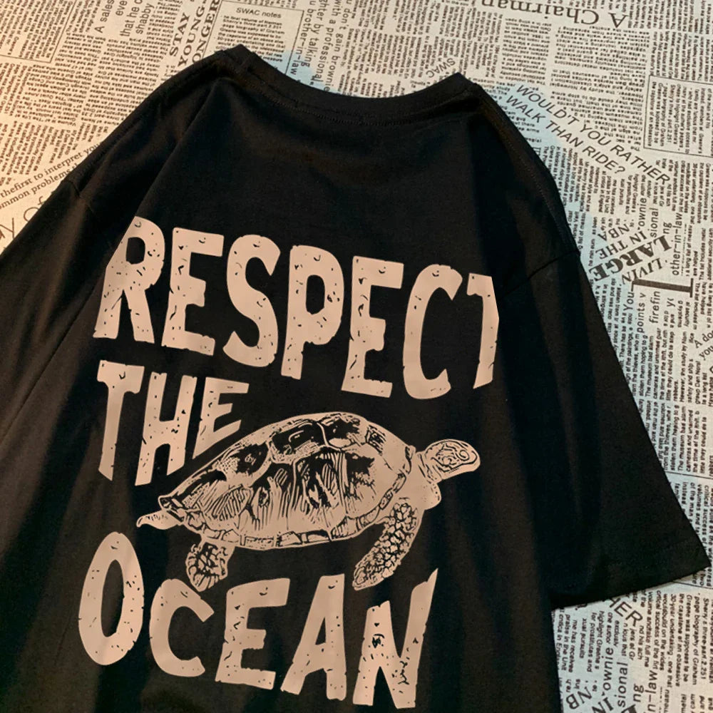 Respect The Ocean Green Turtle T Shirt Men Oversized Clothes Hip Hop Breathable Short Sleeve Harajuku Summer Cotton T-Shirt Lootquake LLC