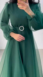 Spring Elegant Mesh Dress Muslim Women Fashion Solid High Waist Mesh Lantern Sleeves Long Dress Women