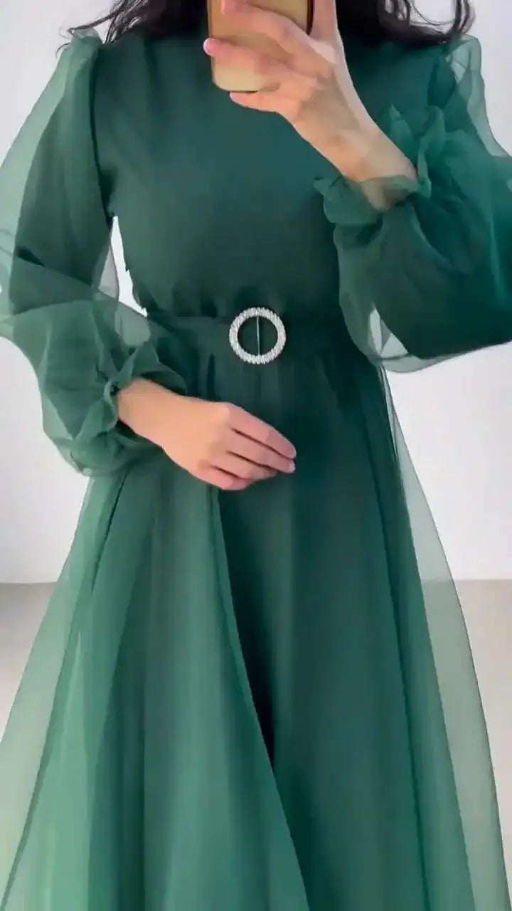 Spring Elegant Mesh Dress Muslim Women Fashion Solid High Waist Mesh Lantern Sleeves Long Dress Women