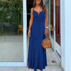 Elegant and Sexy Summer Women's V-neck Beach Dress with High Waist Waist Waist Waist Belt and Sling Long Dress for Party