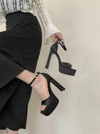 Liyke Runway Style Black High Heels Platform Sandals For Women Cozy Silk Square Toe Buckle Strap Lady Party Dress Shoes Size 40
