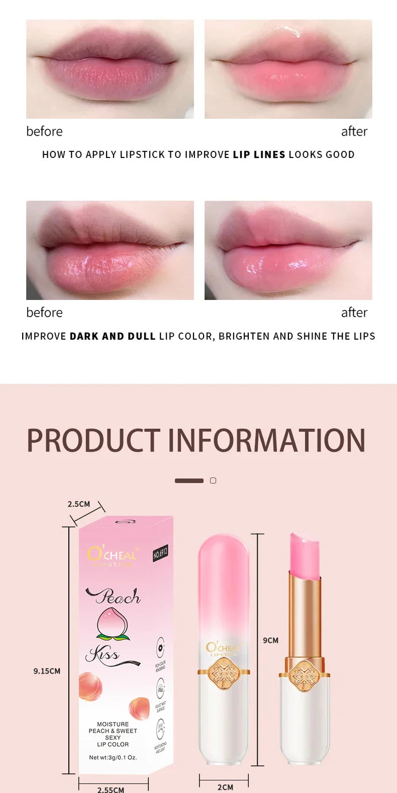 O'CHEAL Color Fruit Lipstick Peach Temperature Changing Lip balm Moisturizing Waterproof Long Lasting Moisturizes Lip Balm