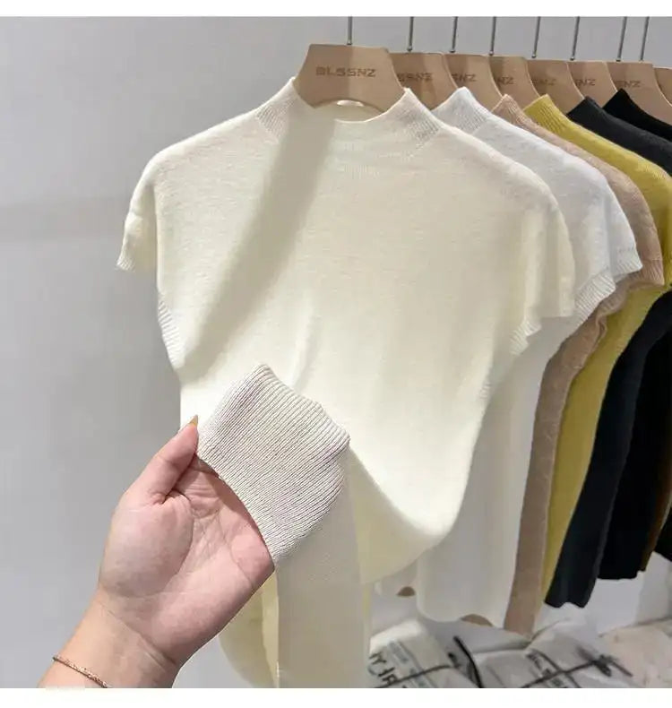 Half High Collar T-shirts Flying Sleeve Design Slim Knitted Sleeveless Top Women Simple Comfortable White T-shirts Summer 2025