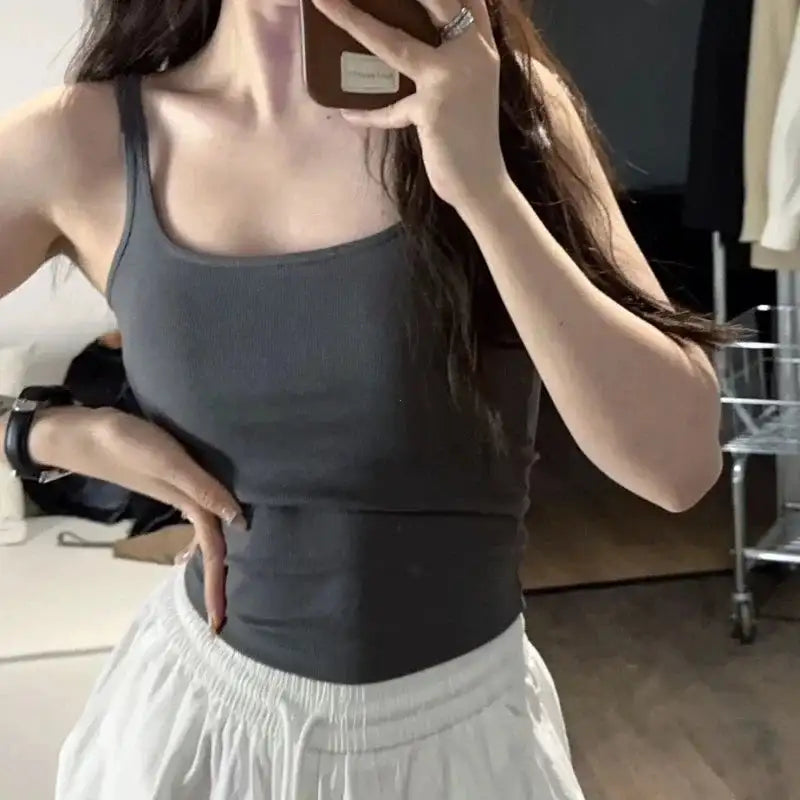 Solid All-Match Invisible Integrated Chest Pad Cami 2024 Spring New Korean Women clothes Short Sleeveless Top