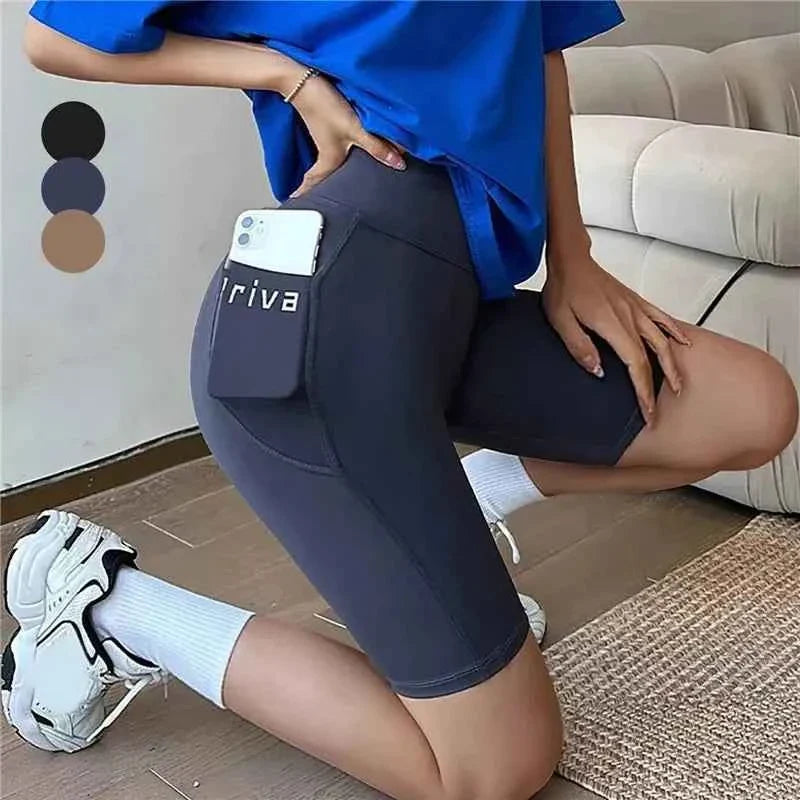 Women's Black High Waist Biker Shorts with Pocket THRIXINE