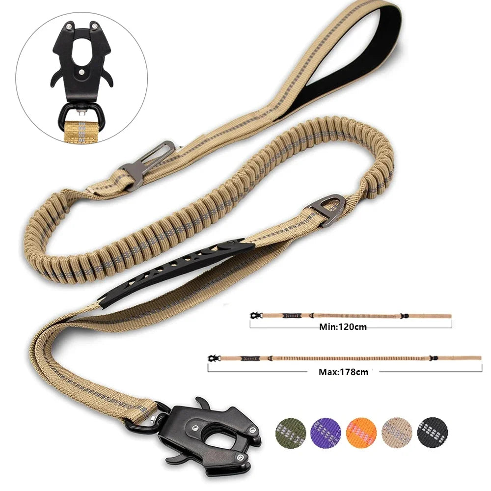 Reflective Tactical Bungee Dog Leash with Seatbelt