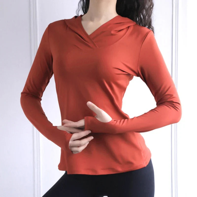 BreatheFit Women's Long Sleeve Yoga Hoodie Top THRIXINE