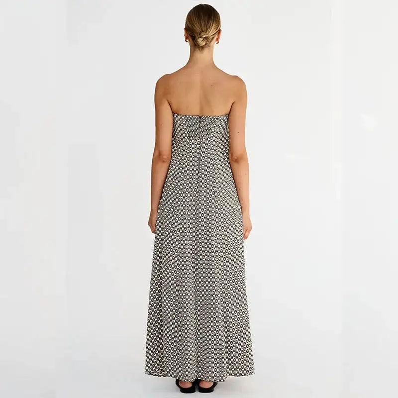 Fashion Strapless High Waisted Long Dress Women Casual Off Shoulder Pleated Bohemian Dress Elegant Pattern Printed Holiday Dress