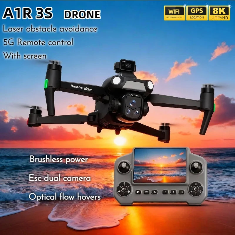 New A1R 3S GPS Drone 8K Professional Camera Aerial FPV Brush power Laser Obstacle with Large Screen Remote Control Folding RC