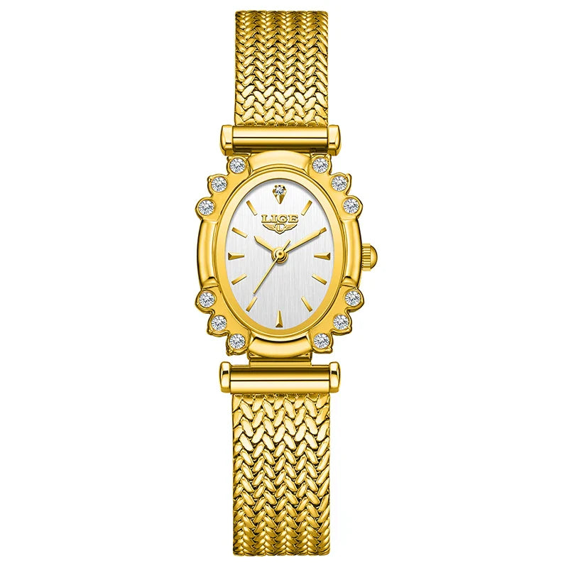 Women's Oval Quartz Watch Vintage Mesh Bracelet Blue Dial