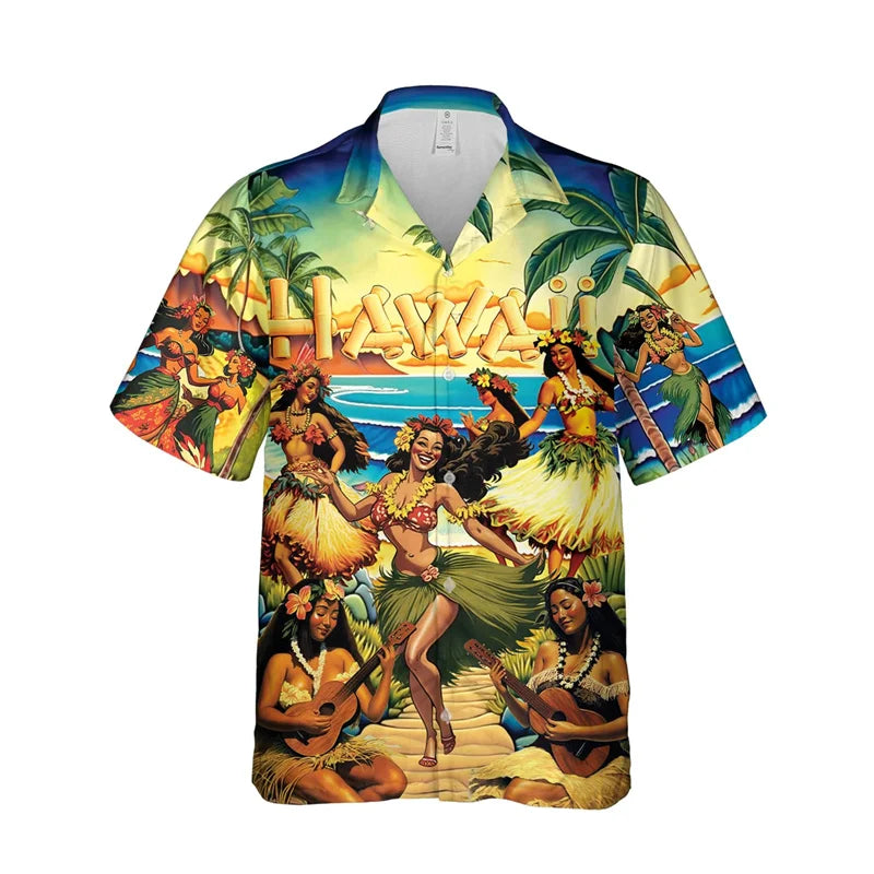 3D Print Hula Girl Graphic Beach Shirts For Men Casual Short Sleeve Hawaiian Dancer Blouses Aloha Beach Button Shirts Mens Tops Lootquake LLC