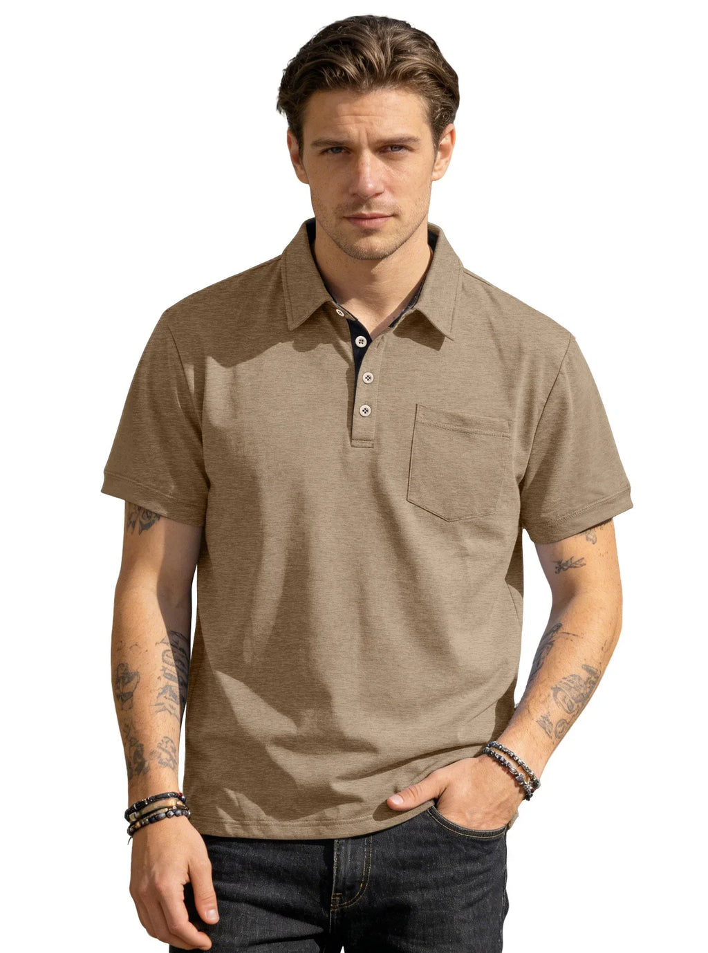 Men's Casual Business Polo Shirt Lapel Collar Chest Pocket Loose Short Sleeve Summer Daily Wear 2026 Summer New Men's Polo Shirt