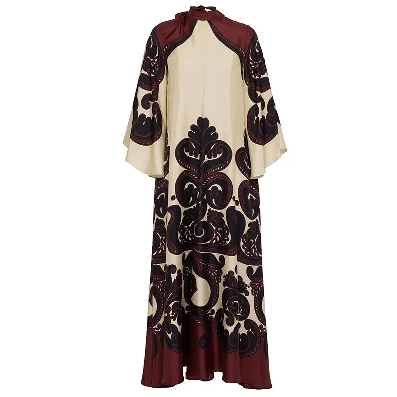 Ethnic Vintage Pattern Print Muslim Women Dresses Spring V Neck Lace-up Loose Long Dress Autumn 3/4 Flare Sleeve Boho Maxi Dress Lootquake LLC