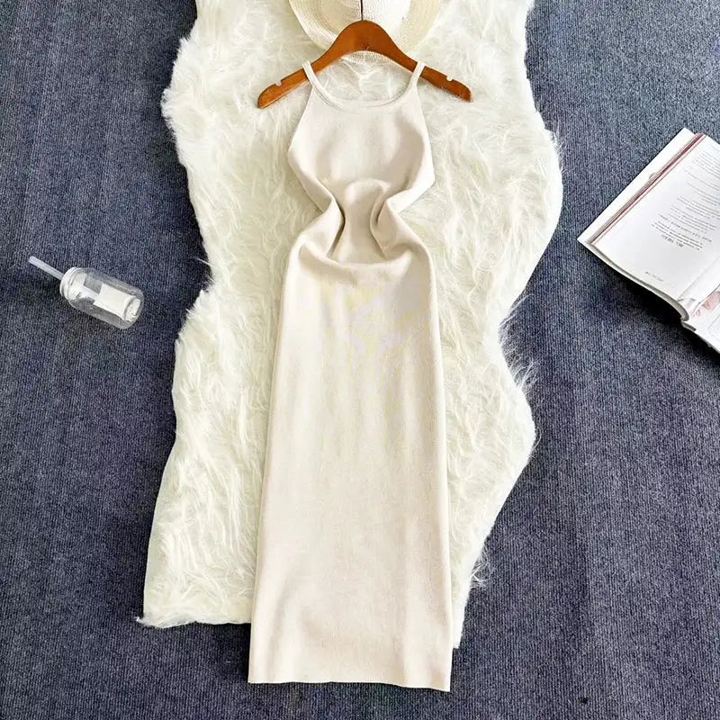 2024 Sexy Summer Knit Strap Dress Women Halter Elatic Waist Bodycon Sundress Female Beach Solid Maxi Long Dress