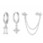 3PCS New Fashion Four Zircon Flower Hoop Earring Set For Women Stainless Steel Double Stud Chain Tassel Huggie Piercing Jewelry Lootquake LLC