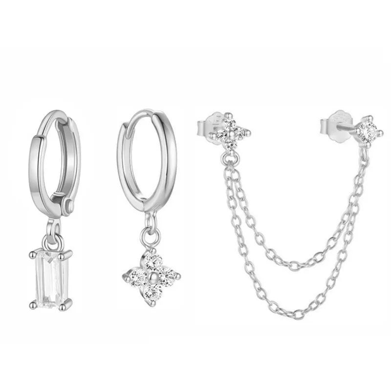 3PCS New Fashion Four Zircon Flower Hoop Earring Set For Women Stainless Steel Double Stud Chain Tassel Huggie Piercing Jewelry Lootquake LLC