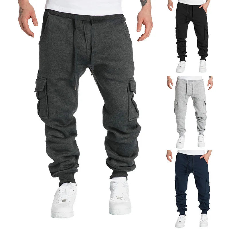 Mens Sweatpants Straight Fit Drawstring Multi-pocket Pants THRIXINE
