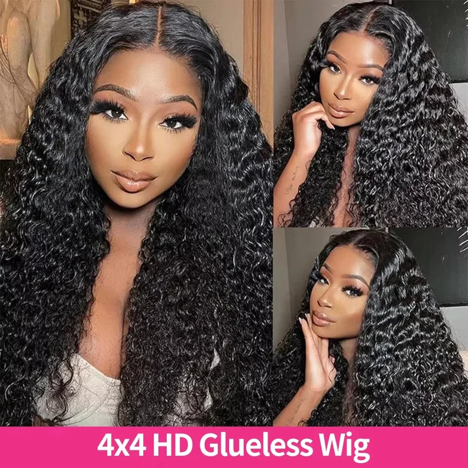Curly 4x4 5x5 Glueless Lace Front Wig 220 Density Natural Color Deep Wave Pre Cut Brazilian Human Hair HD Lace wigs Water Wave