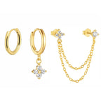 3PCS New Fashion Four Zircon Flower Hoop Earring Set For Women Stainless Steel Double Stud Chain Tassel Huggie Piercing Jewelry Lootquake LLC