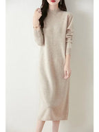 Autumn Winter Women's Wool Long Dress Cashmere Mock Neck Pullover Sweater 100% Merino Wool Soft Knitwear OL Simple Basic Dress Lootquake LLC