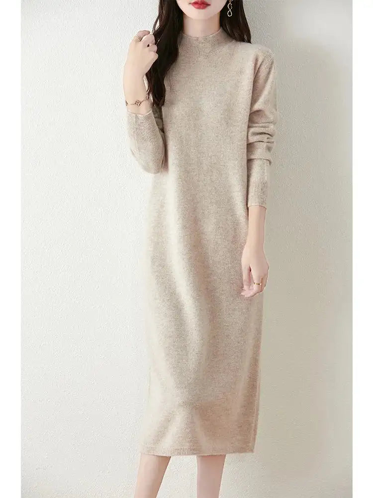 Autumn Winter Women's Wool Long Dress Cashmere Mock Neck Pullover Sweater 100% Merino Wool Soft Knitwear OL Simple Basic Dress Lootquake LLC
