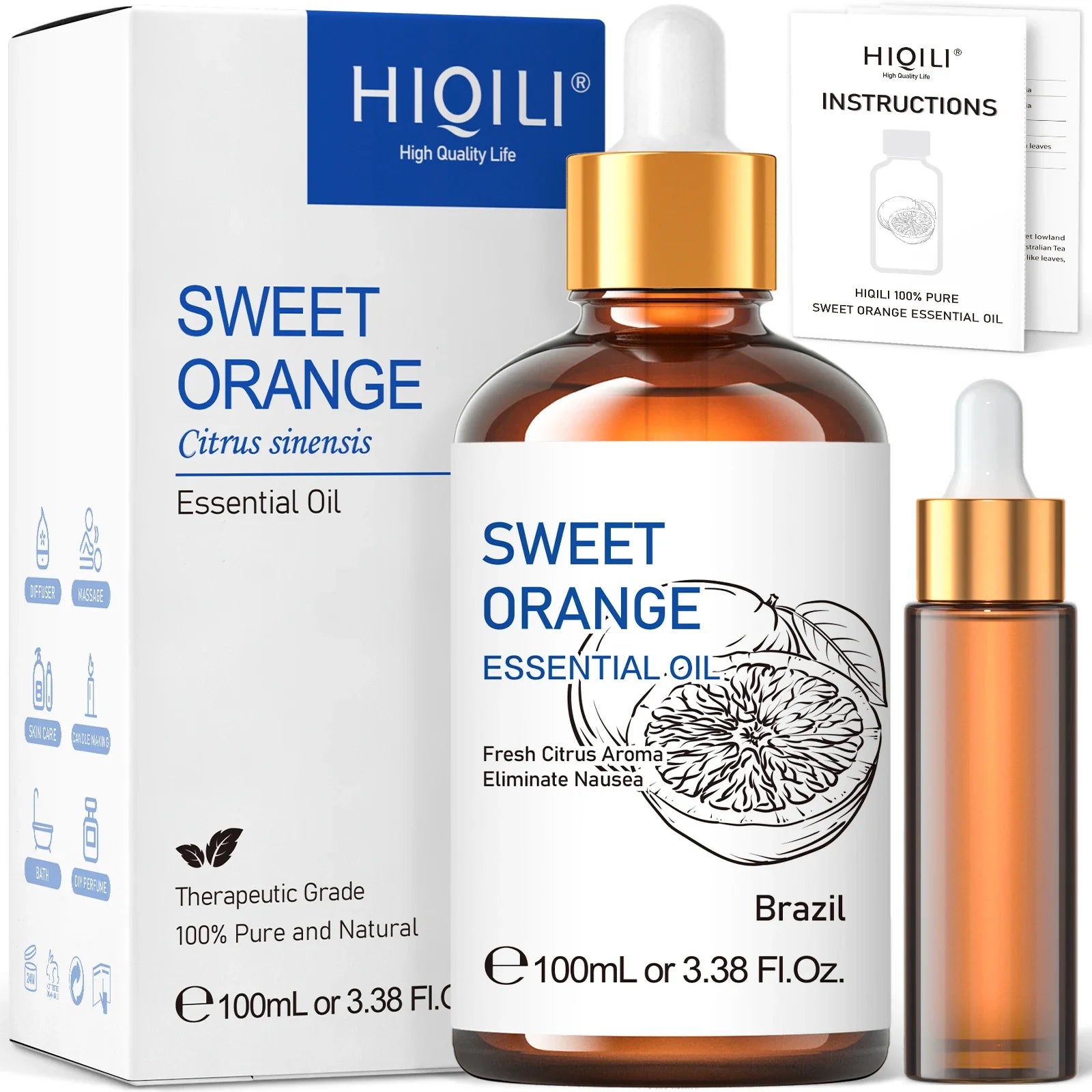 HIQILI 100ML Sweet Orange Essential Oils,100% Pure Nature for Aromatherapy, Diffuser, Humidifier, Massage, Fresh air, Candle Lootquake LLC