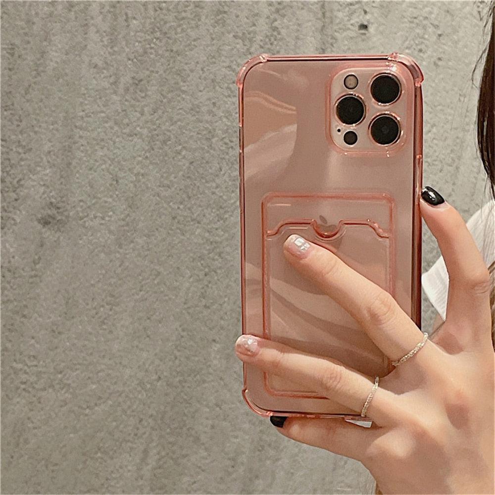 Transparent Card Slot Holder Case for iPhone 13 11 12 14 Pro Max Mini Clear Shockproof Soft Wallet Cover Clear Phone Case with Card Holder Slim Protective Soft Shock Absorbing Case with Card Holder Stevvex