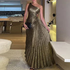 Sexy Symmetrical Hollow Pleats Long Dress Lady Fashion Slanted Neck High Waist Party Dress Elegant Temperament Solid Party Dress