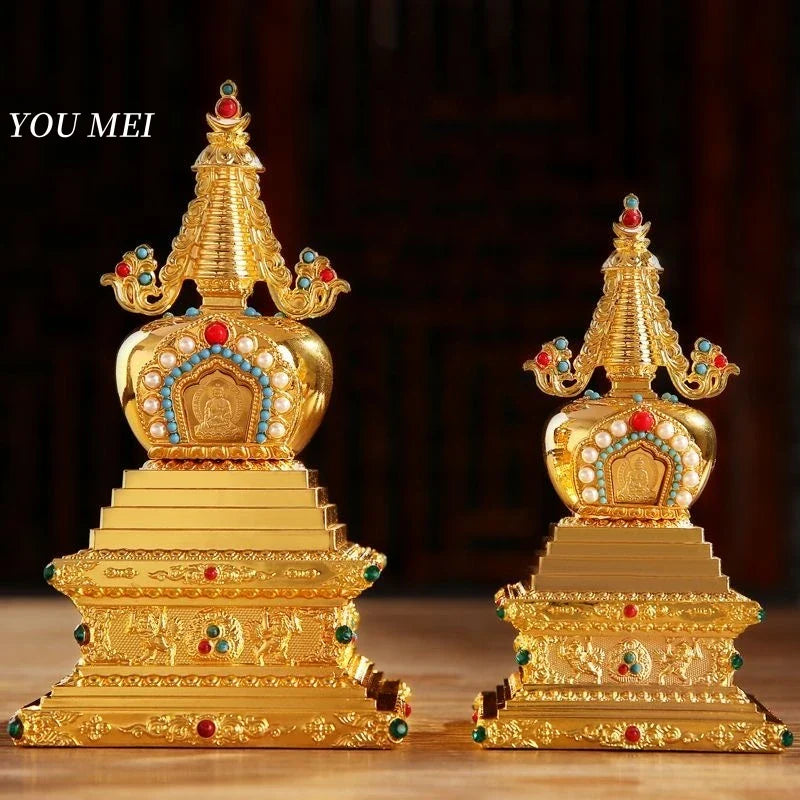 Buddha Statue Pagoda,Engraving Inlaid Gem Tibetan Alloy Double-Layer Tower,Altars Stupa,Buddhist Item Religious Decorative Lootquake LLC