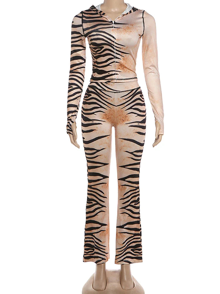 Weird Puss Tiger Print Hooded Crop Top Set