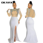 CM.YAYA Women Mesh See Through Long Sleeve Diamonds Hot Rhinestones Mermaid Long Dress Fall Evening Sexy Party Dresses Vestidos