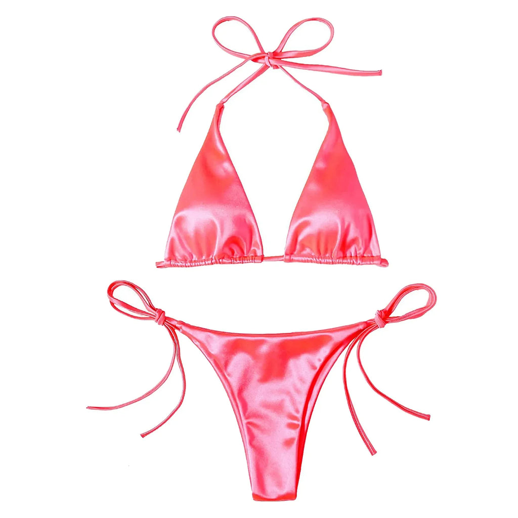 ShimmerWave: Luxe Satin Brazilian Bikini Set THRIXINE
