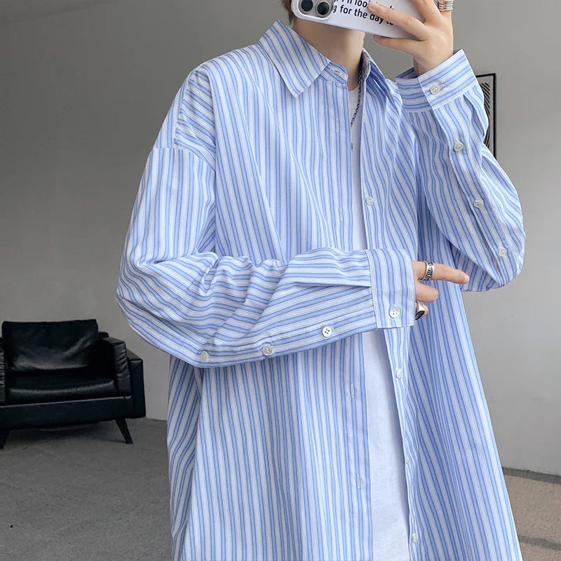 Blue Striped Shirt Men Fashion Society Mens Dress Shirt Korean Loose Long Sleeved Shirt Mens Casual Shirts Large Size 5XL Lootquake LLC