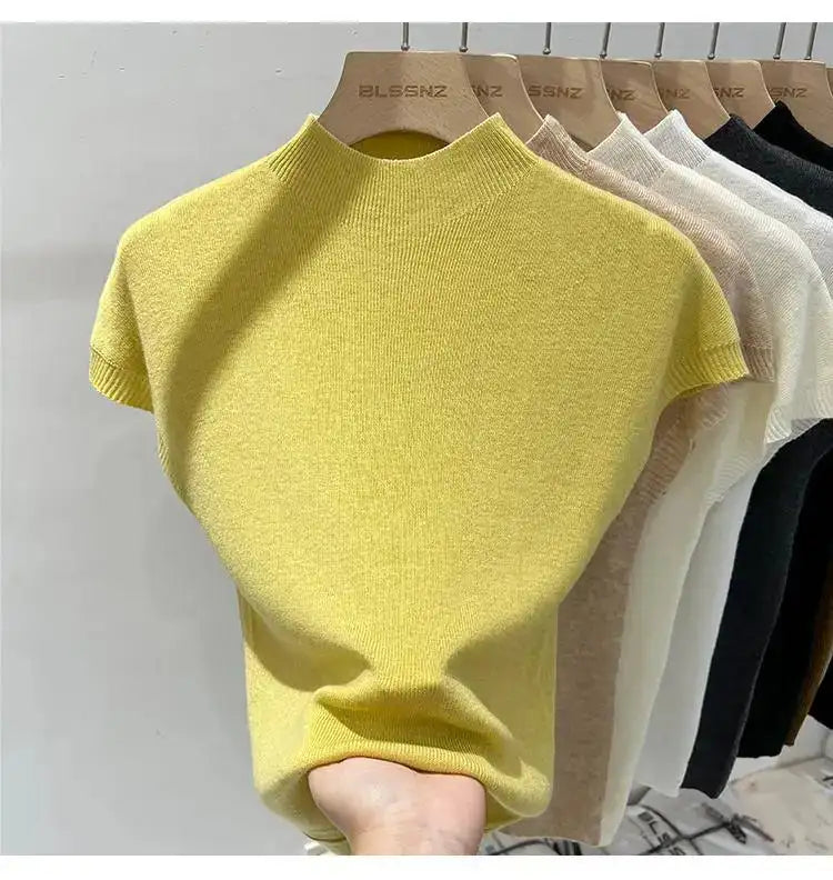 Half High Collar T-shirts Flying Sleeve Design Slim Knitted Sleeveless Top Women Simple Comfortable White T-shirts Summer 2025