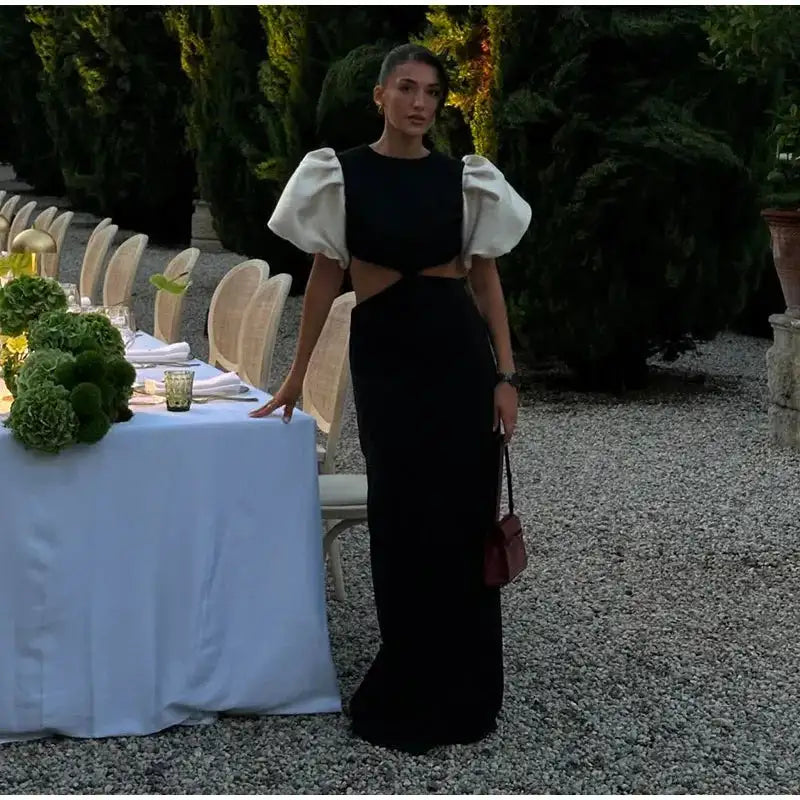 Elegant Puff Sleeve Long Dress For Women 2025 Sexy Hollow Out Waist Evening Party Dresses Female Vacation Lady Chic Beach Robe