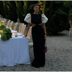 Elegant Puff Sleeve Long Dress For Women 2025 Sexy Hollow Out Waist Evening Party Dresses Female Vacation Lady Chic Beach Robe