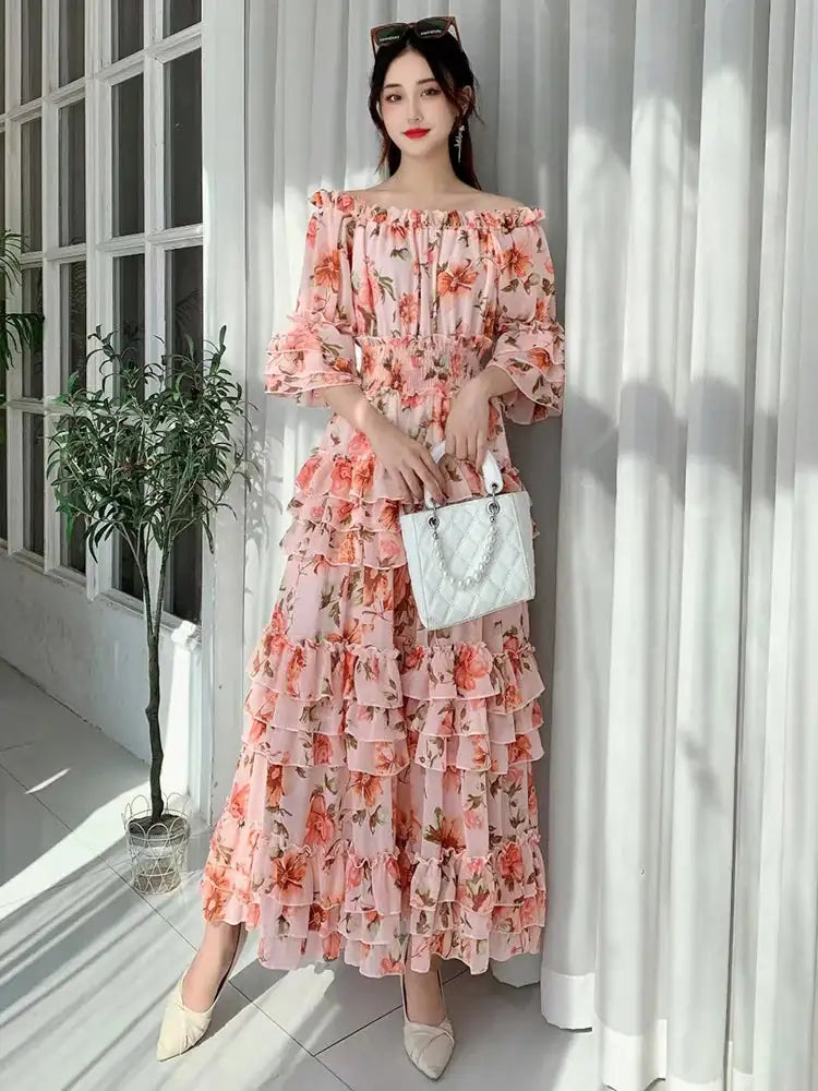 Summer New Off Shoulder  Wrap Waist to Show Thin A-line Fragmented Cake Dress Women's Beach Vacation Chiffon Long Dress GD820