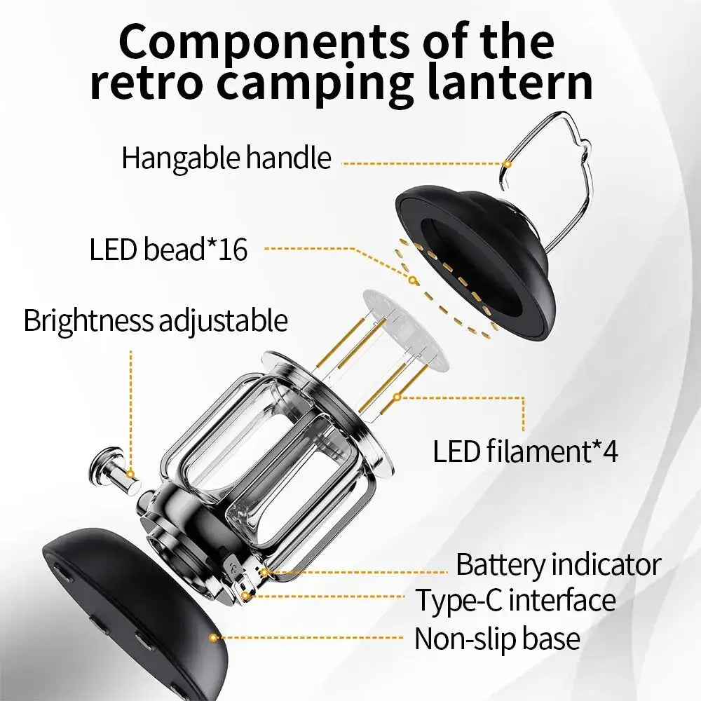 Outdoor Camping Lantern Portable USB Rechargeable Lamp Retro LED Light For Emergency Fishing Hiking Tent Nightlight Waterproof