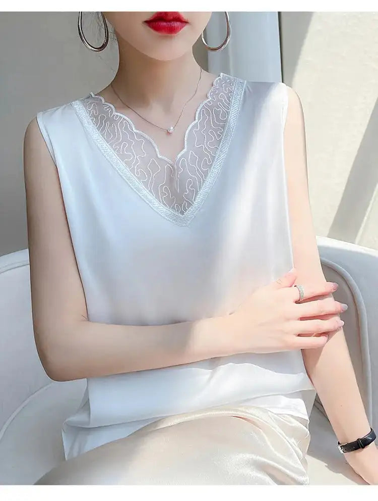 new woman clothing vest camis Tank top women's suit bottom lace lining 2024 summer new silk satin sleeveless top suspender vests