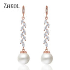 ZAKOL Fashion Round Imitation Pearls Drop Earrings for Women Shinny Zirconia Crystal Leaf Long Bridal Earring Wedding Jewelry