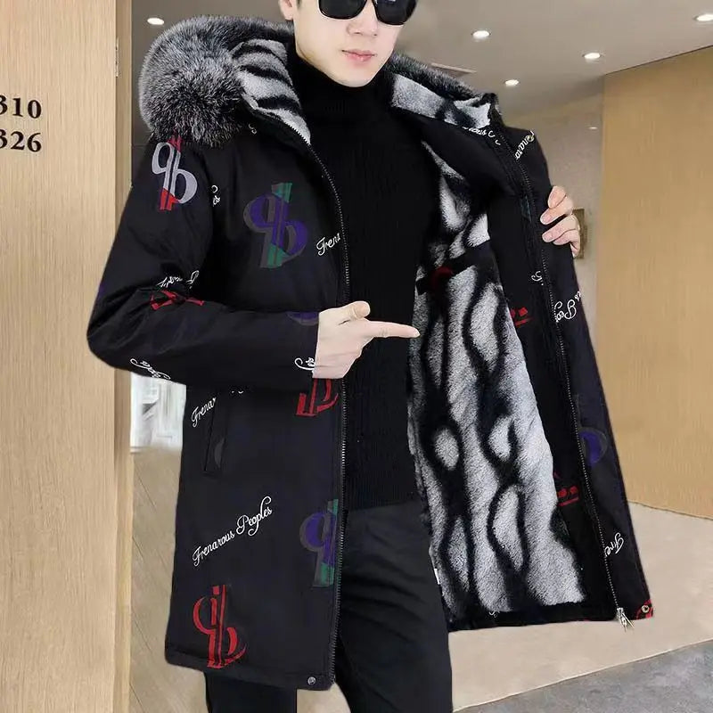 Cotton-Padded Coat Winter Jacket Men's Parkas ashionable Mid-Length Thickened Jacket Brand Letter Print Fur collar Pi-Mart