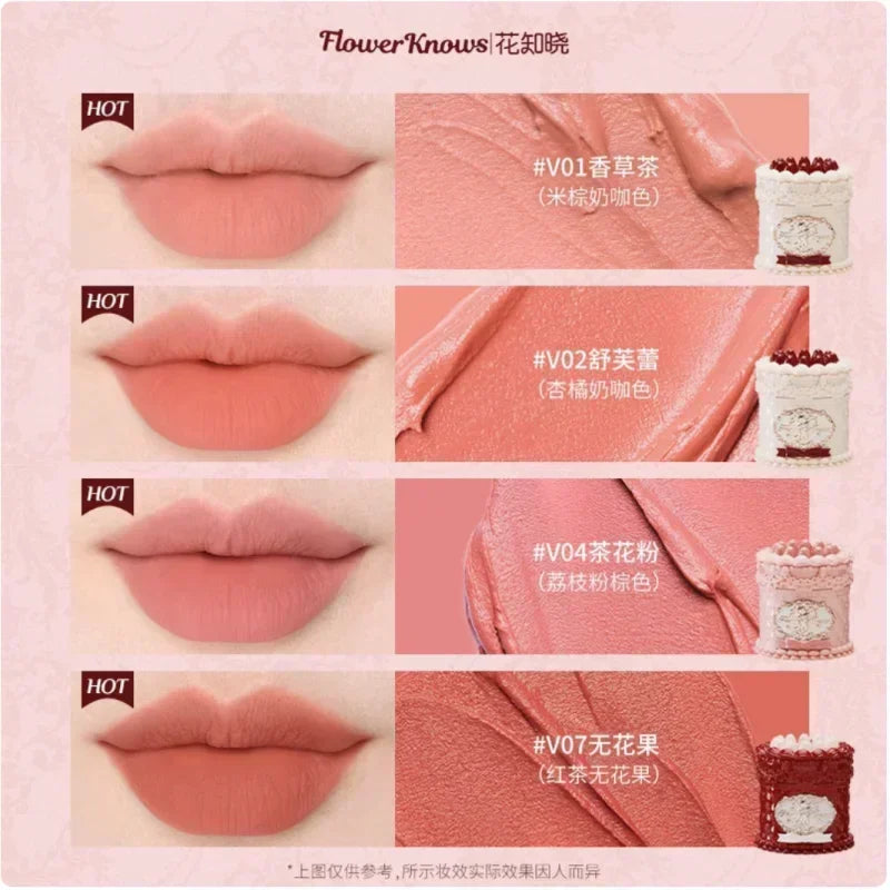 Flower Knows Strawberry Cupid Cake Lip Cream Lip Mud Matte Moisturizing Lipstick Silky Smooth Lip Makeup Professional Cosmetics