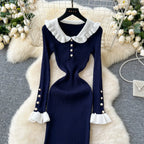 SINGREINY 2024 Hotsweet Slim Autumn Dress Women Peter pan Collar Long Sleeves Patchwork Preppy Style Mermaid Sweater Long Dress