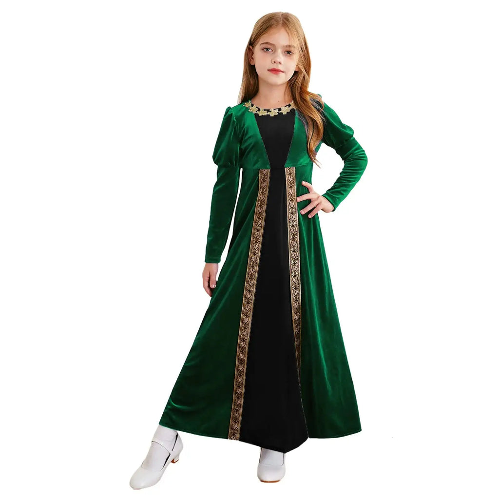 Girls Velvet Medieval Princess Dress Long Sleeve Renaissance Retro Robe Ancient Roman Long Dress for Halloween Carnival Party