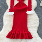 SINGREINY 2024 Hotsweet Slim Autumn Dress Women Peter pan Collar Long Sleeves Patchwork Preppy Style Mermaid Sweater Long Dress