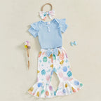 Baby Girls Summer Outfit Short Sleeve Romper with Bunny Eggs Print Flare Pants and Bowknot Headband Easter Outfit Lootquake LLC