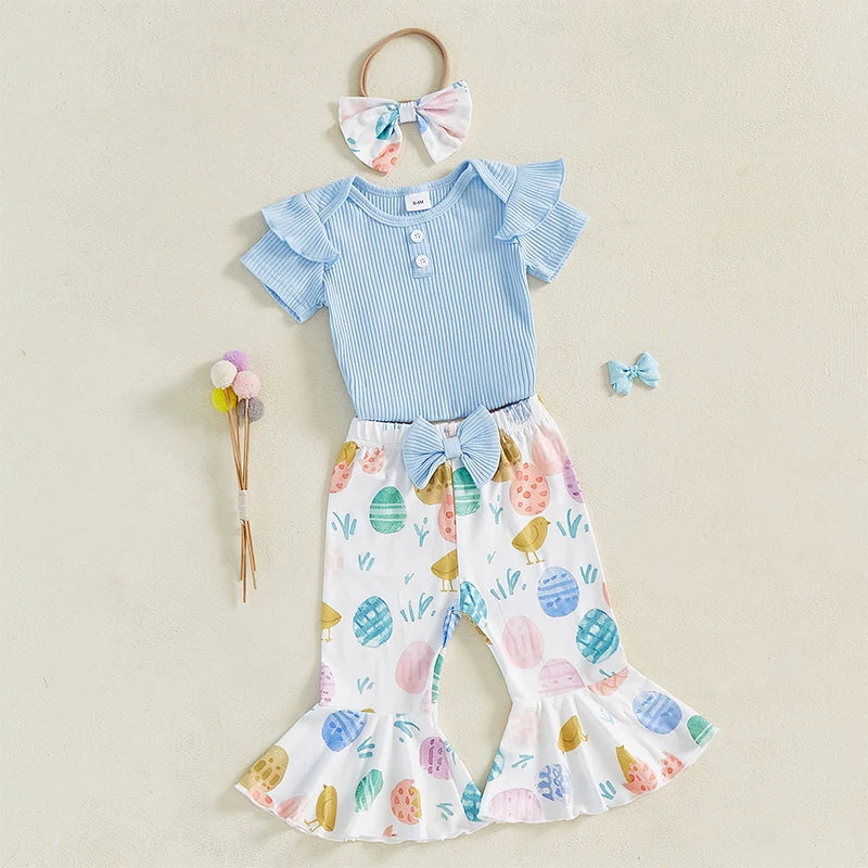 Baby Girls Summer Outfit Short Sleeve Romper with Bunny Eggs Print Flare Pants and Bowknot Headband Easter Outfit Lootquake LLC